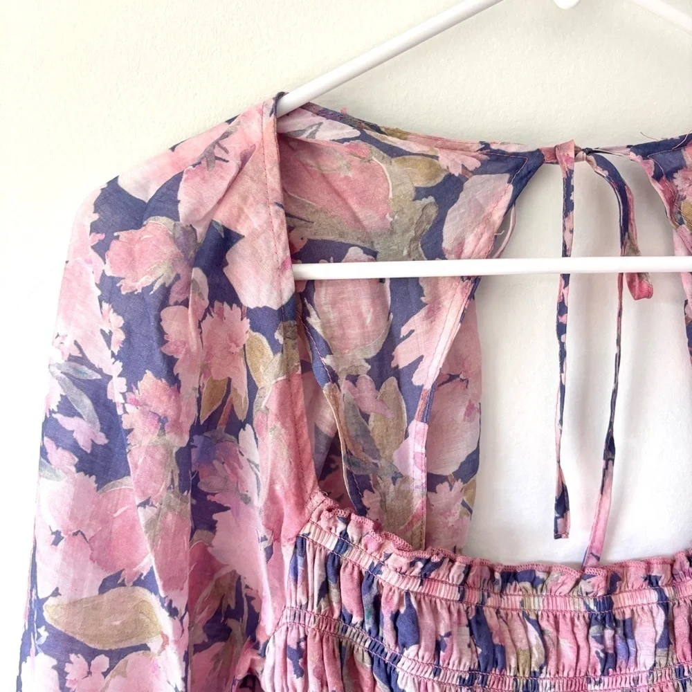 ASTR The Label Nicolette Square Neck Smocked Long Puff Sleeve Floral Pink Purple